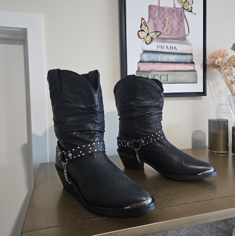 Black Studded Western Mid-Calf Boots - Women